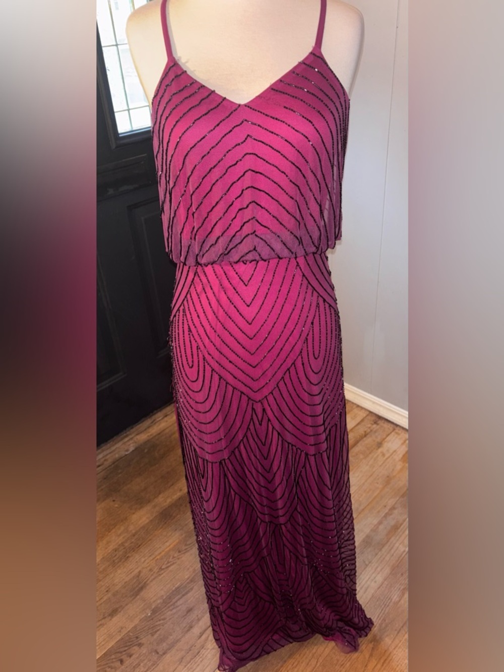 Elegant Beaded Blouson Maxi Dress in Magenta